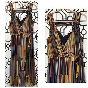 DR2 Ladies Y2k Style Stripe V Neck Sleeveless Multicolored Bright Dress Size Sma